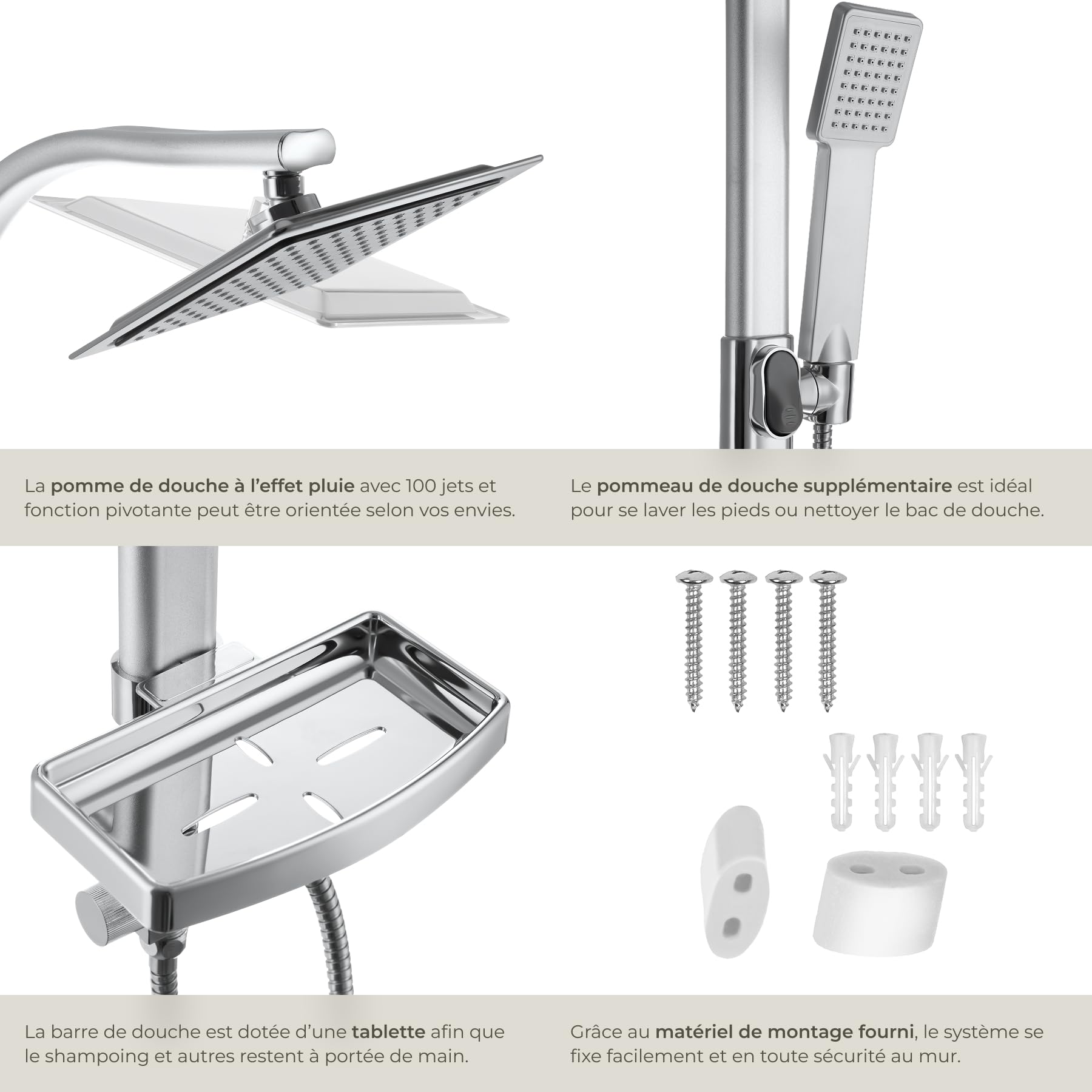 tectake® Colonne de douche 49 x 20 x 110 cm, Colonne salle de bain en Aluminium, Tete de douche et Douchette, Anti calcaire, Pommeau de douche, Effet pluie, Raccordements DIN, Baignoire, Salle de bain