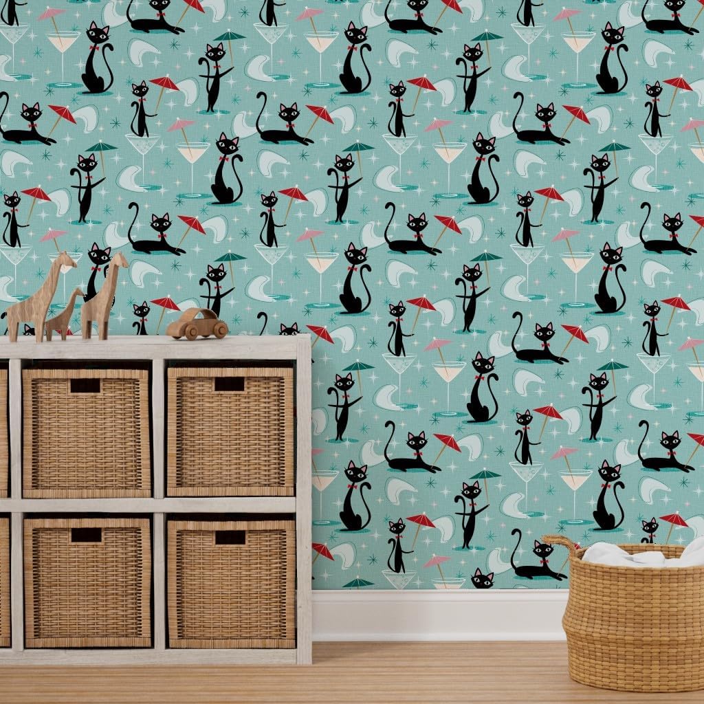 Peel & Stick Wallpaper 3ft x 2ft - Cocktail Umbrella Cats ‚Զ Cool 50S Kitsch Retro Black Vintage Style Umbrellas Atomic Cat Custom Removable Wallpaper by Spoonflower