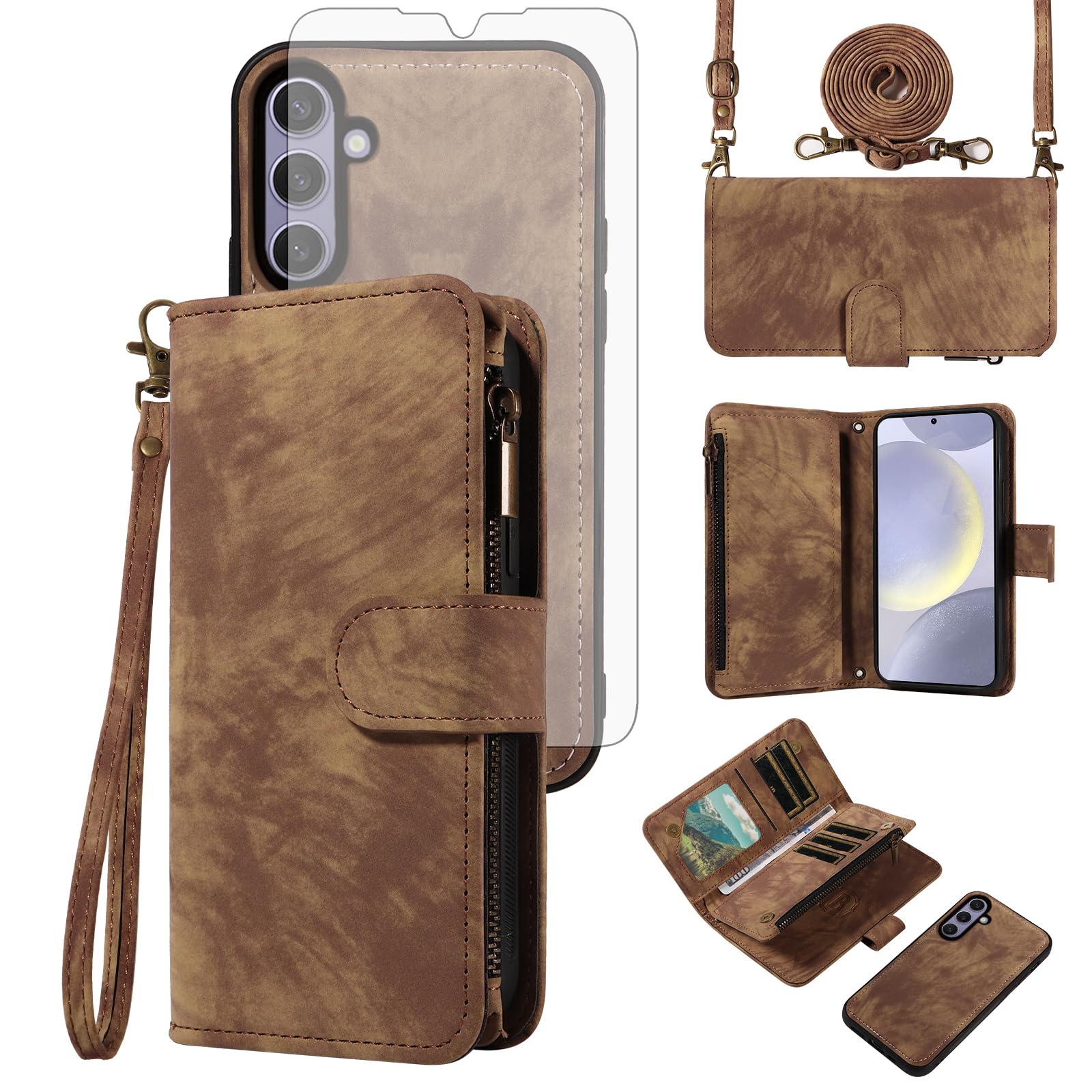 Asuwish Phone Case for Samsung Galaxy S24 Plus/S25 Plus S24+ S25+ 5G Zipper Wallet Cell Cover with Tempered Glass Screen Protector Crossbody Strap