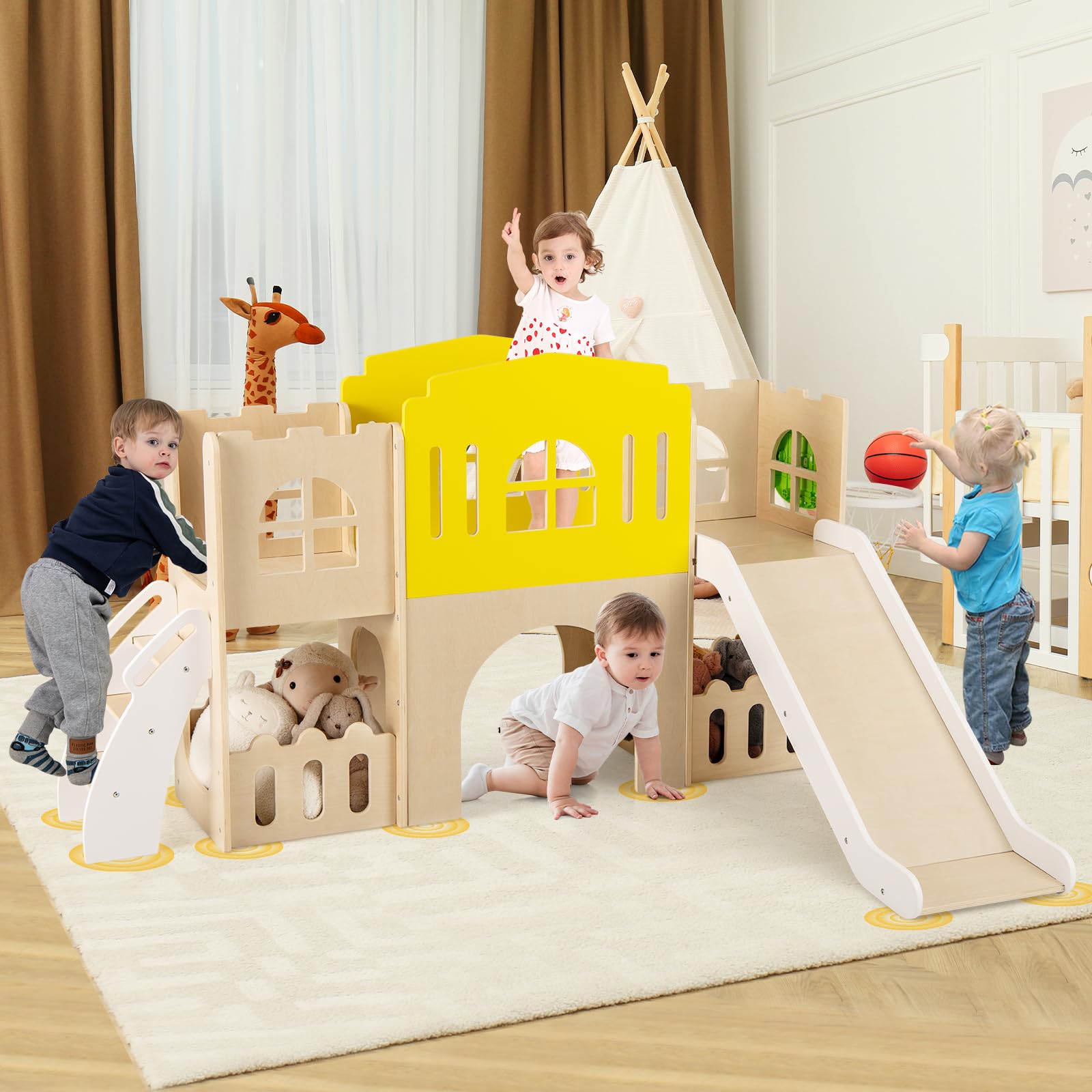 HOMASIS 7 in 1 Kinderrutsche Indoor, Kinder Rutsche mit Basketballkorb | Kletterleiter mit Tunnel Stauraum, Holz Spielplatz im Burgform, Outdoor Babyrutsche Rutschenset für Kinder, 169 x 125 x 98 cm