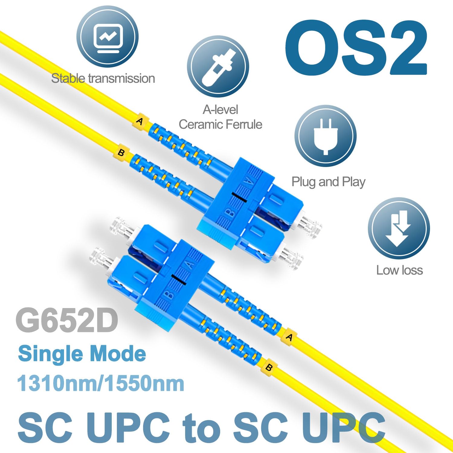 5 cables de conexión de fibra óptica de 3 metros SC UPC a SC UPC, cable de fibra de modo único dúplex OS2 G652D 9/125μm, 1310nm/1550nm LSZH 3.0mm