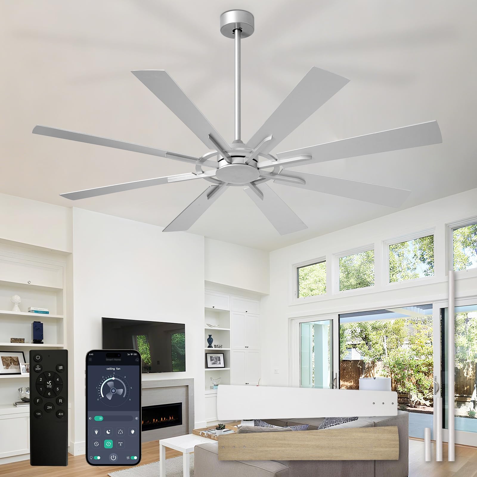 Large Ceiling Fan No Light: Modern 66 Inch 8 Blade Outdoor Ceiling Fans with Remote APP Control - Brushed Nickel Big Fan Without Light Indoor Reversible 6 Speed Quiet DC Motor