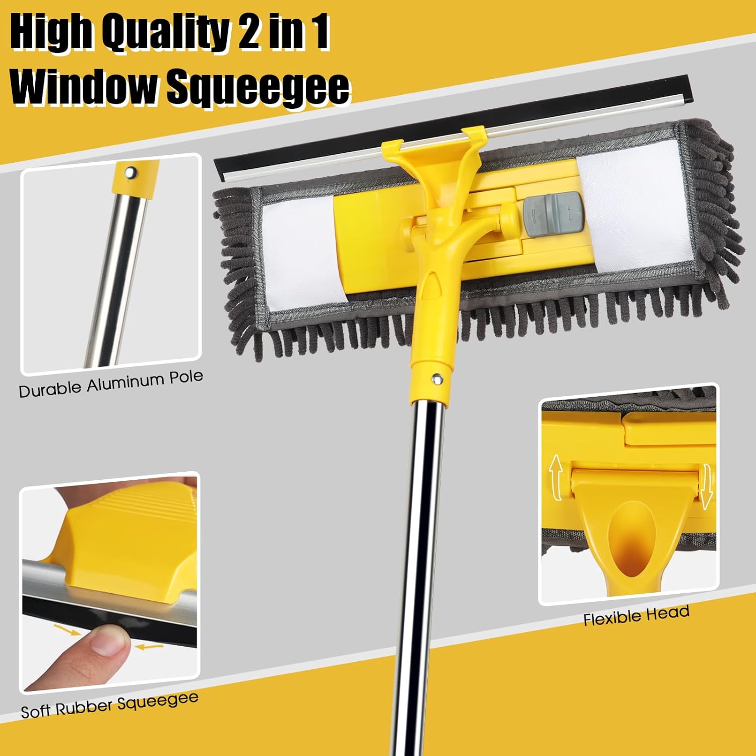 Dymoll 96" Long Handle Window Wall Cleaner Tool with Extension Pole,2 in 1 Large Window Squeegee with Cleaning Mop Tools Kit for Window/Wall/Baseboard/Floors Clean/Solar Panel Washer