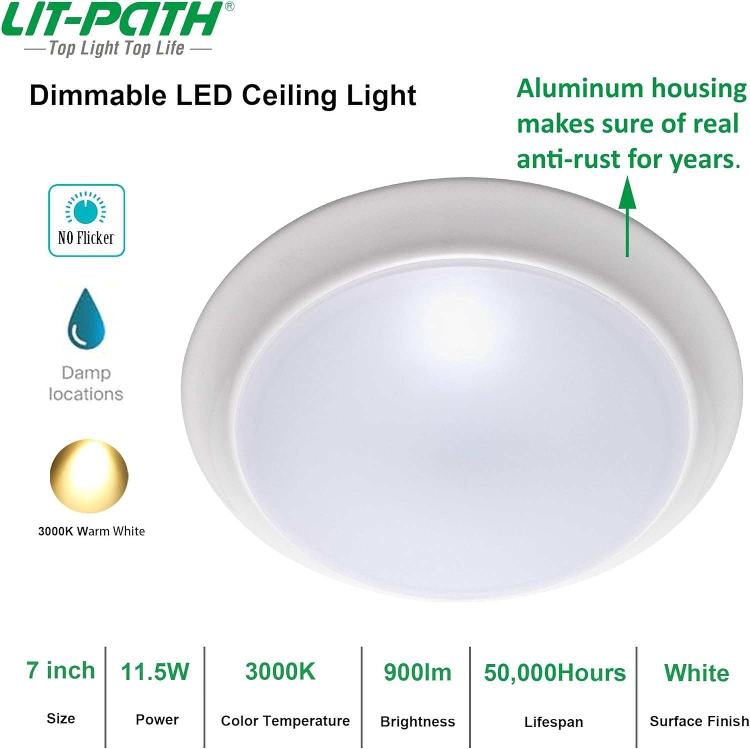 LIT-PaTH LED Flush Mount Ceiling Lighting Fixture, Dimmable 7 Inch 11.5W 900 Lumen, Aluminum Housing Plus PC Cover, Damp Location Rated for Bathroom, 3000K, 4-Pack