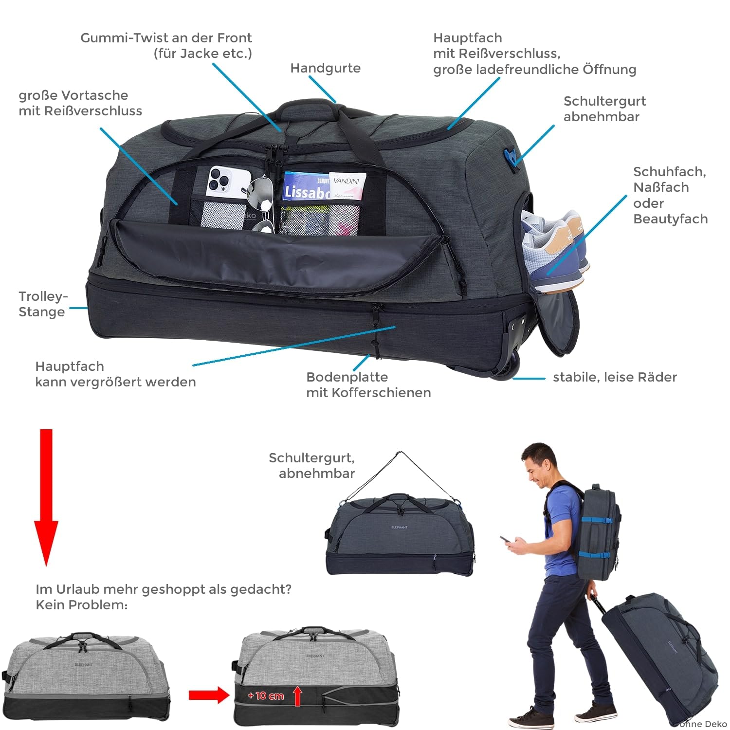 Elephant Reisetrolley Cruiser Travel Trolley 13031 Anthrazit Gun Oliv | Koffer Weichgepäck Reisetasche Reise Urlaub 100-135 Liter Dehnfalte Schuhfach Seitenfach Flach verstaubar