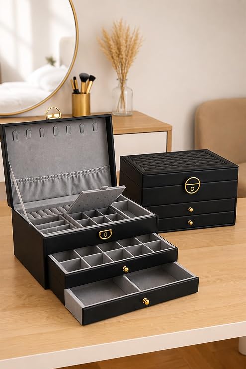 Modern 2 Drawer Jewelry Box Organizer Editor Black 13 X 23 X 10 Cm