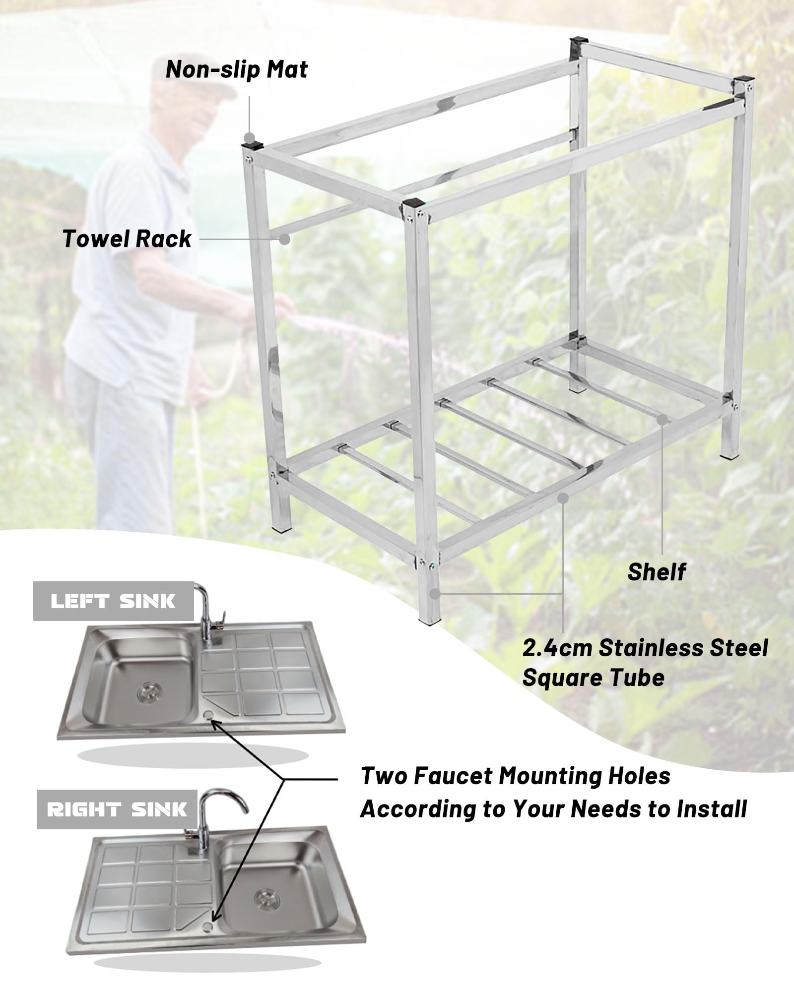 Edelstahl Werkstatt Waschbecken Outdoor Spülbecken Küche Spüle Freistehend Spültisch Mit Wasserhahn Für Camping/Garage/Waschküche Gewerbliche Restaurantspüle Leicht Zu Reinigen(75x40xH75cm)