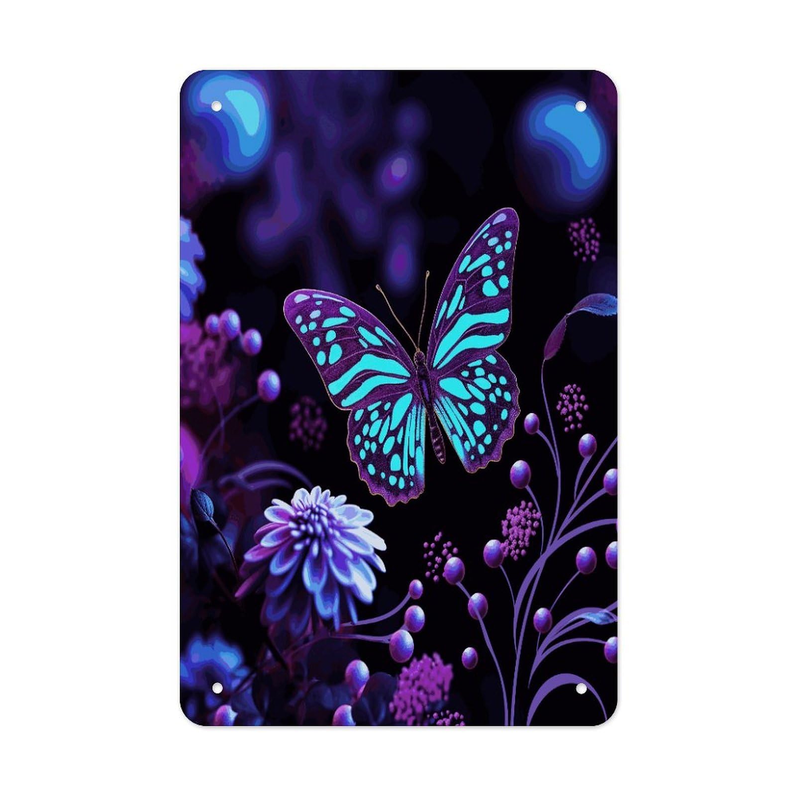 LDGSUPH Purple Butterfly And Flowers Wall Art Prints Folded Edge Iron Sheet Painting with Holes for Wall Prints Decorative Picture Metal Signboard Decor Painting for Outdoor Indoor Wall Decor