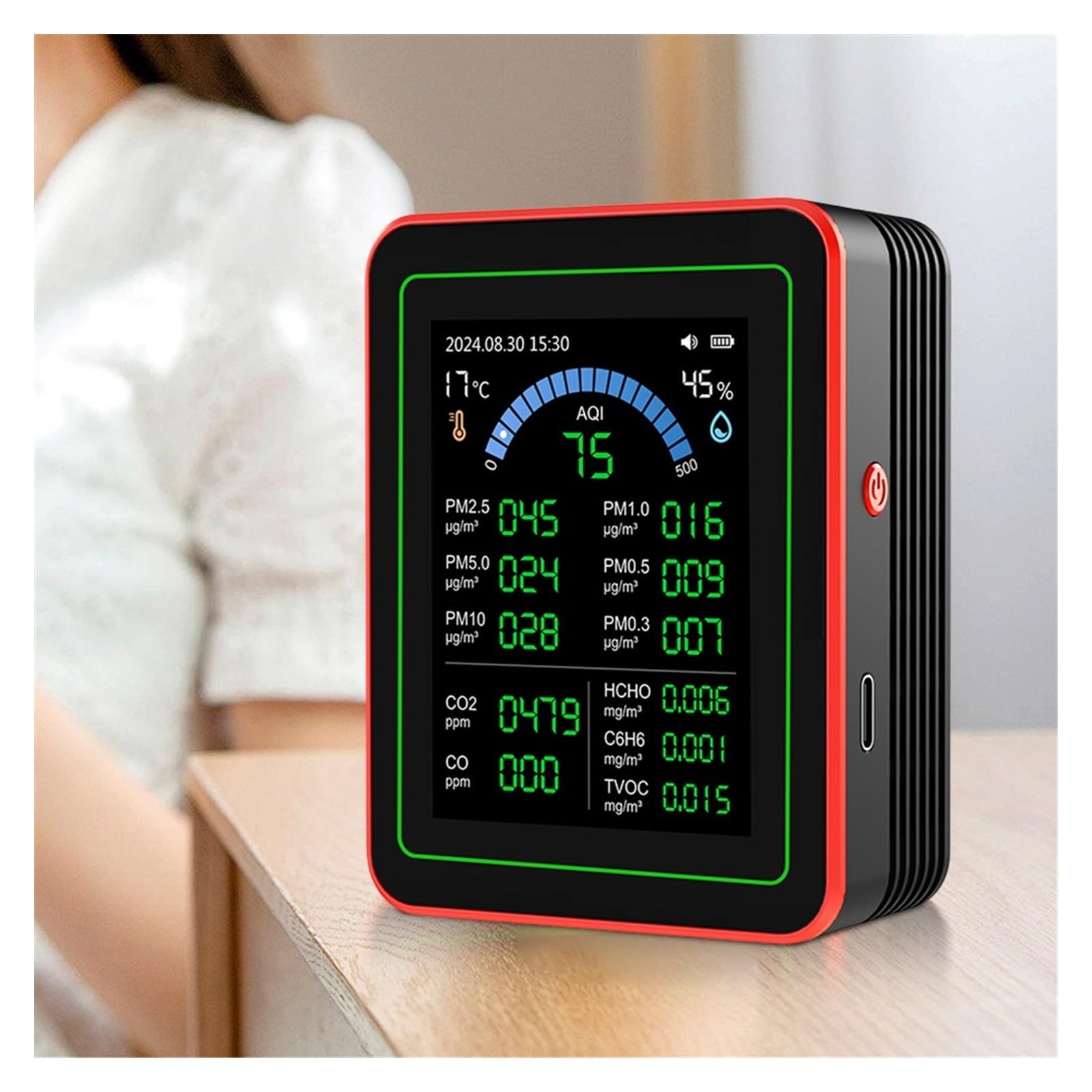 Air Quality Monitor, Rilevatore Di Qualità 'aria WiFi 18 In 1 CO/CO2/HCHO/TVOC//PM0.3/PM1.0/PM2.5/PM10 Tester Misuratore Umidità A Temperatura(18 in 1 White)
