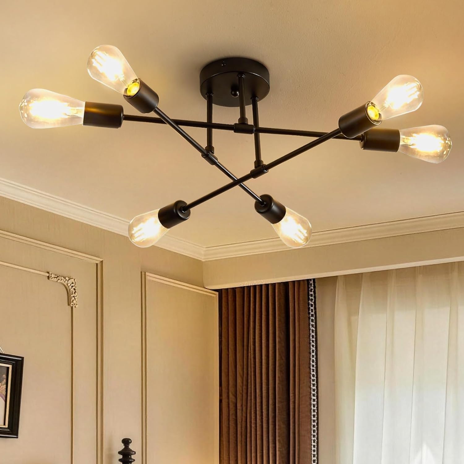 ENCOFT Ceiling Light Vintage Ceiling Light Industrial Lamps Ceiling Lights Sputnik 6 Bulbs Kitchen Lamp Ceiling Light E27 Ceiling Light Black Hallway Lamp Ceiling Lighting for Bedroom Living Room Dining Room [Energy Class G]