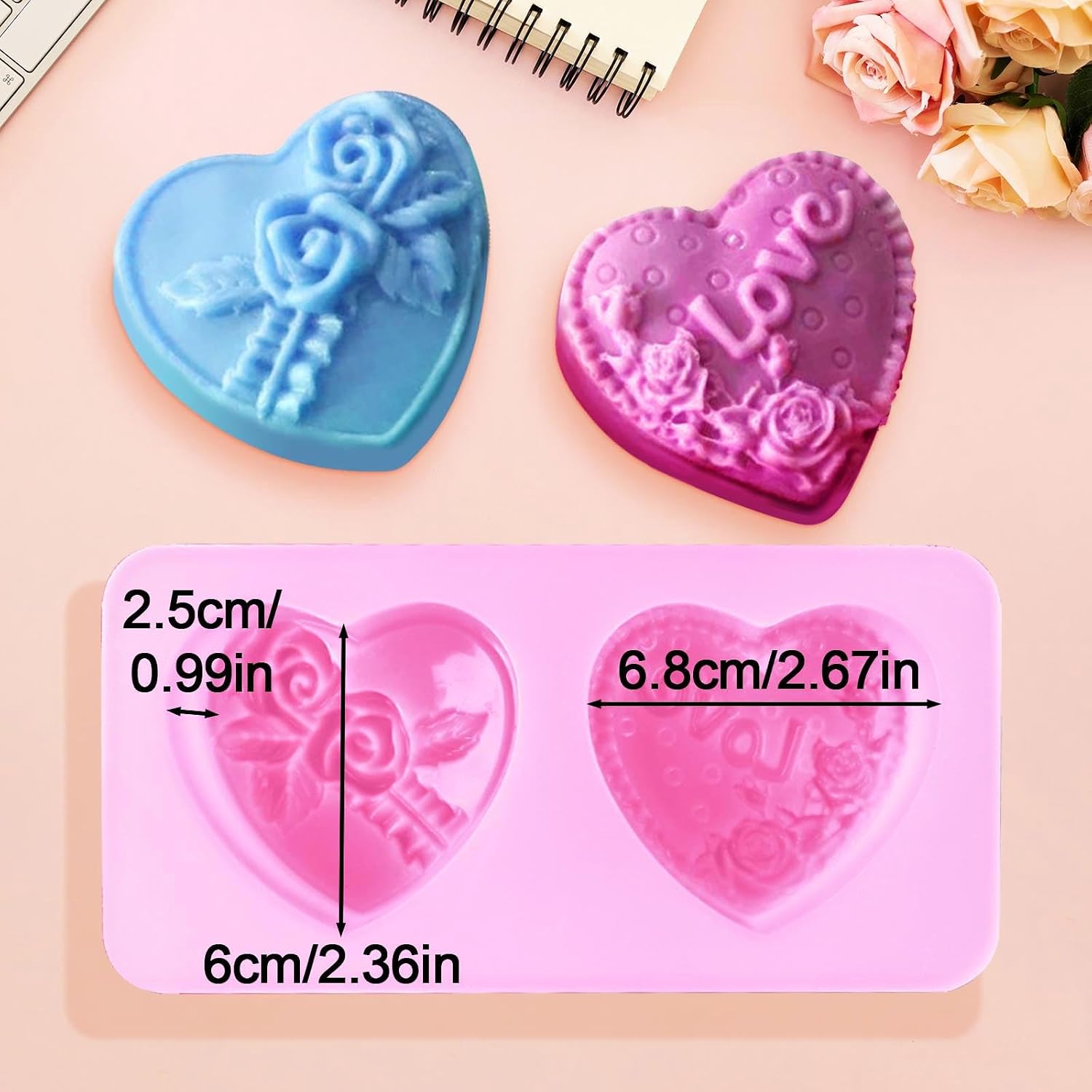 (Thickened Design) Silicone Soap Molds 3PCS, Fuehbur Heart with Different Flowers Shape DIY Handmade Craft Set Suitable for Chocolate Making, Cake Baking 3 Packs image 4