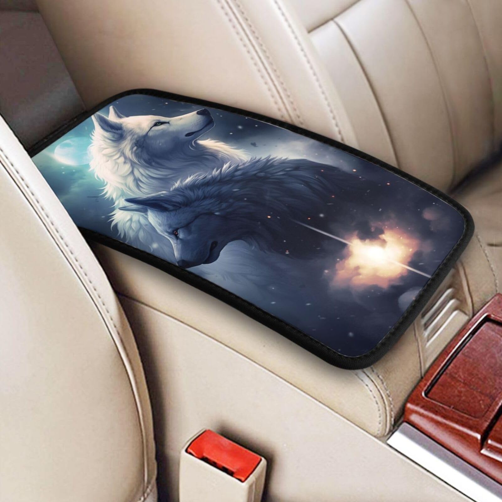 Universal Car Center Console Cushion Pad, Black and White Wolf Soft Waterproof Car Center Console Cover Auto Armrest Seat Box Cover Protector for Most Vehicle SUV Truck Car