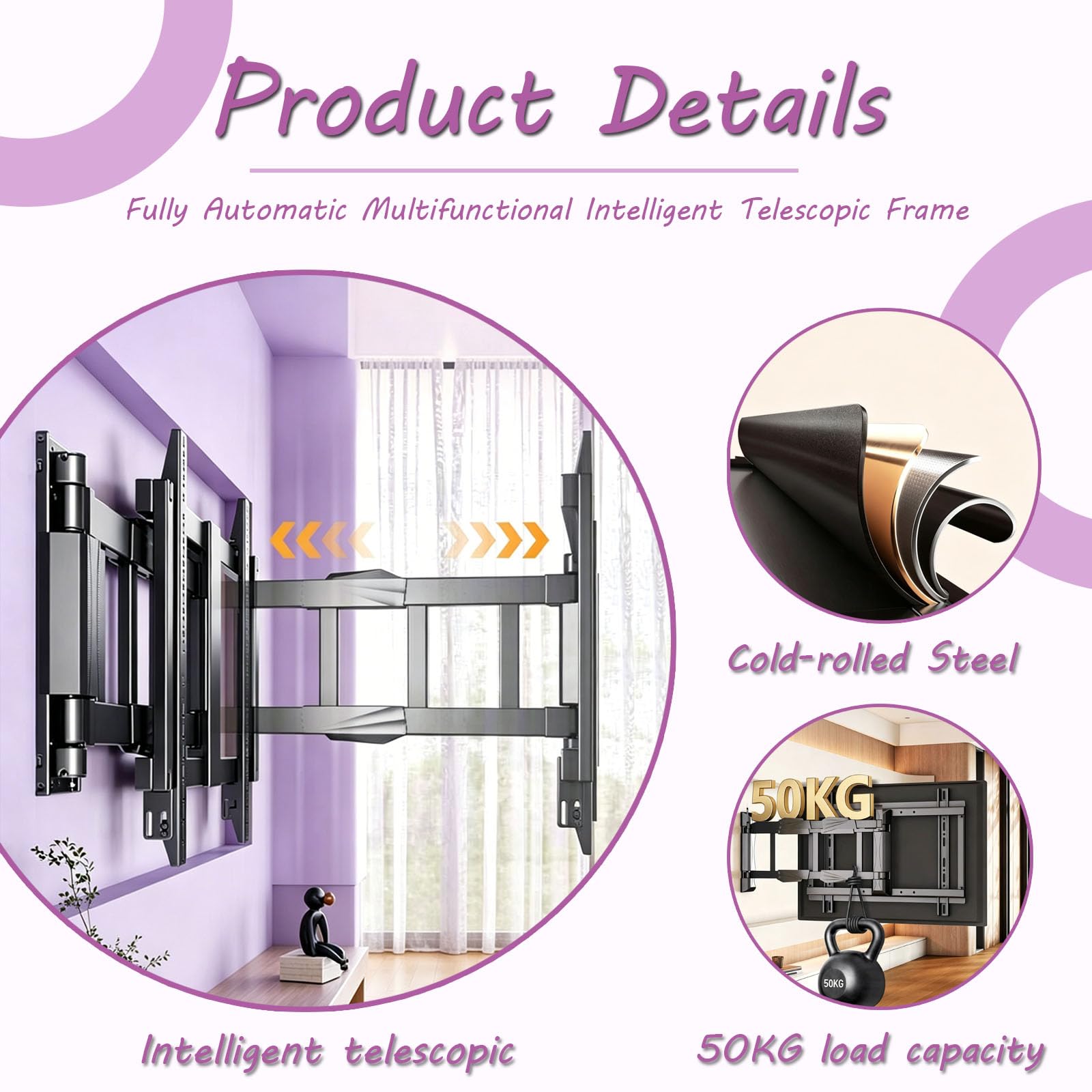 Soporte Pared TV motorizado Extensible para Pantallas LCD 65–86 Pulgadas | Soporte motorizado con control remoto, giro de 70–90° y ligera inclinación, VESA máxima 750x600 para hogar y oficina