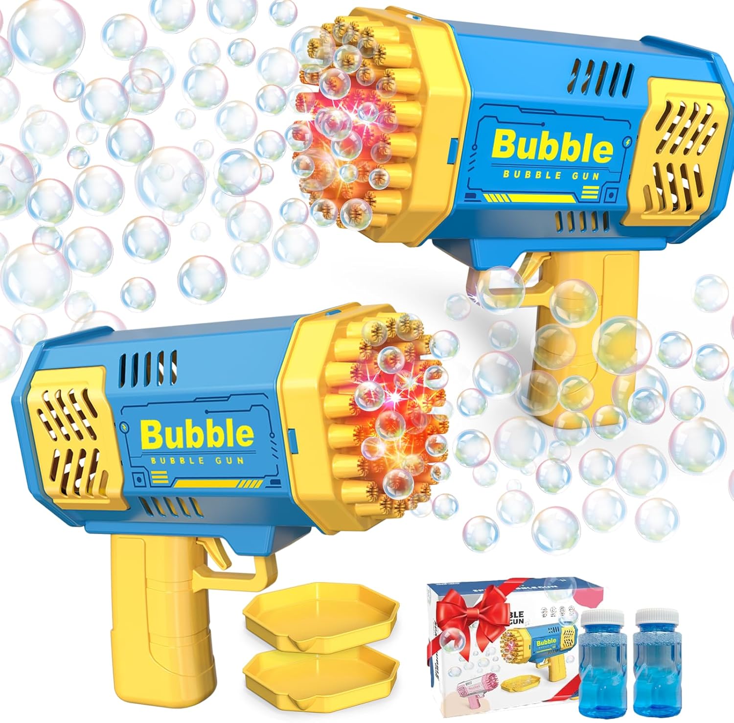 Pistola de burbujas de 2 botellas con solución de recarga de 2 botellas para niños, máquina de burbujas iluminadas de 40 agujeros para niños
