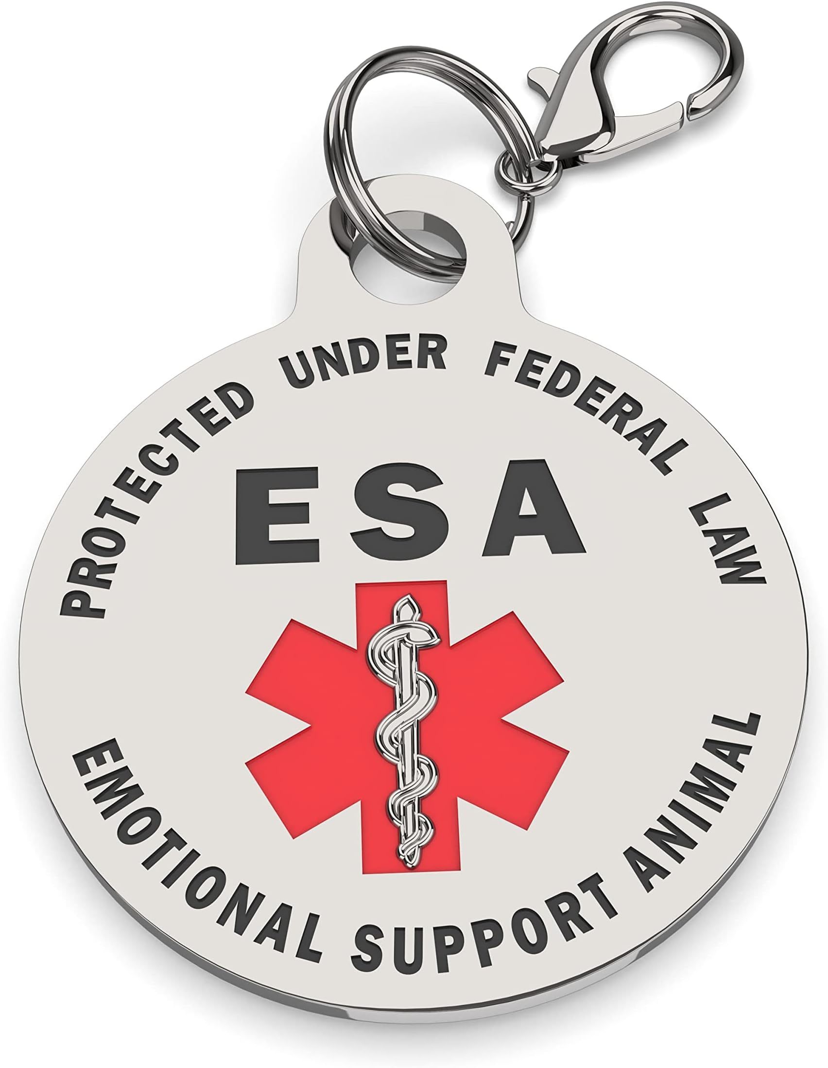 - Double Sided Small Breed Emotional Support Animal ESA Tag Red Medical Alert Symbol and Protected by Federal Law .999 inch ID Tag. Easily Switch Between Collars Harness and Vest.