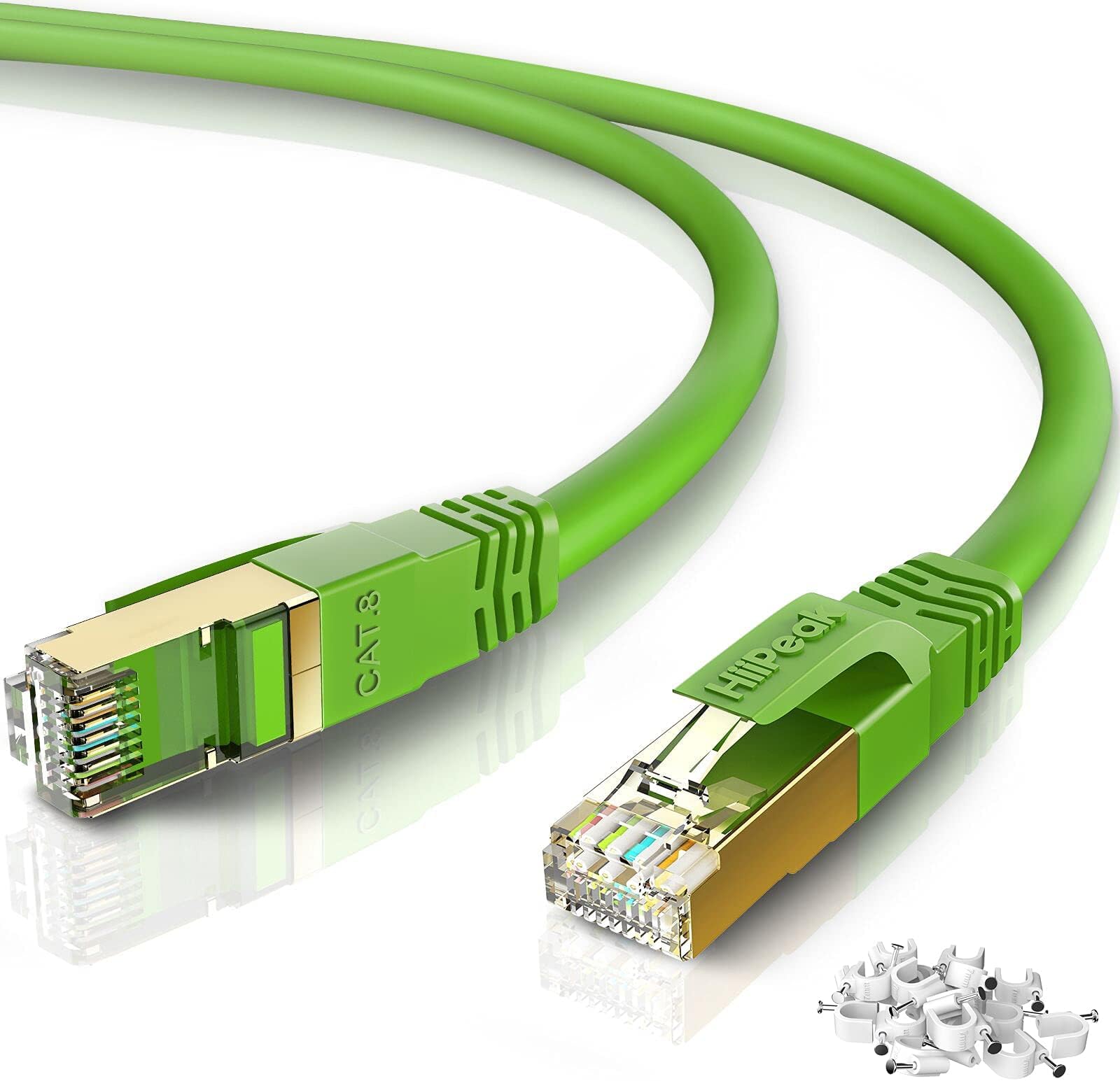 Cat8 Ethernet Cable 50FT, Indoor&Outdoor, Heavy Duty High Speed 26AWG Cat8 Network LAN Cable 2000Mhz, 40Gbps with Gold Plated RJ45 Connector, Weatherproof S/FTP UV Resistant for Router,Modem,PC(Green)