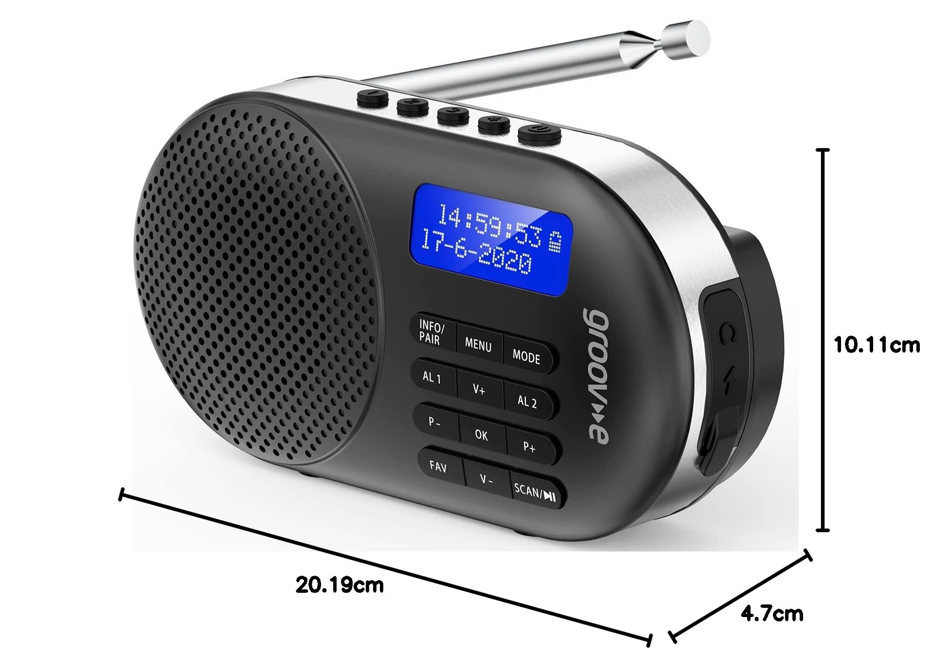 Groov-e Milan - Radio Digital Recargable Dab y FM - Reloj Despertador Integrado y conectividad Bluetooth - Pantalla LCD - Funciona con USB o Pilas - Radio portátil - 60 Estaciones preestablecidas