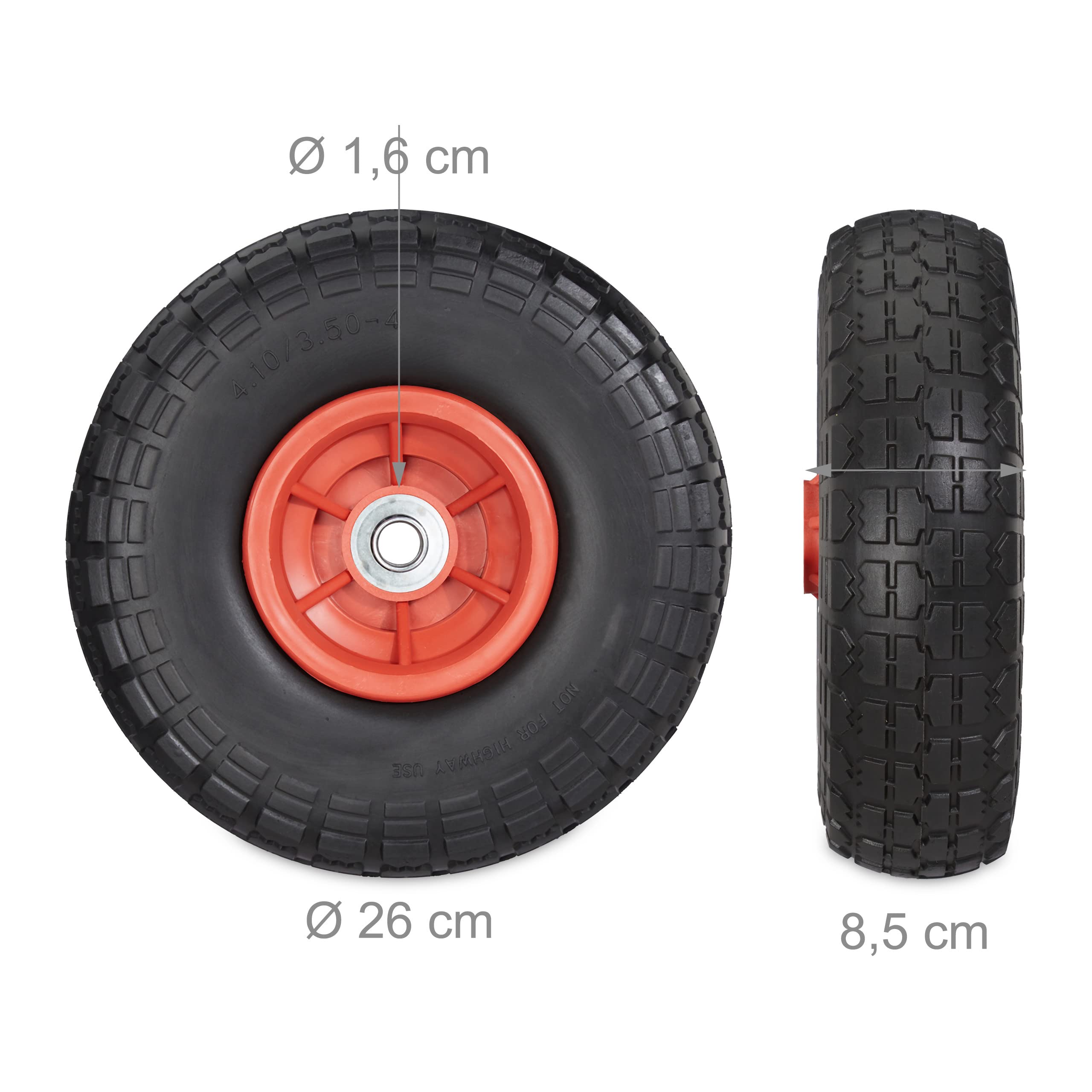 Relaxdays 2X Sackkarrenrad, pannensichere Vollgummireifen, 4.1/3.5-4", 16 mm Achse, bis 150 kg, 260x85 mm, schwarz-rot