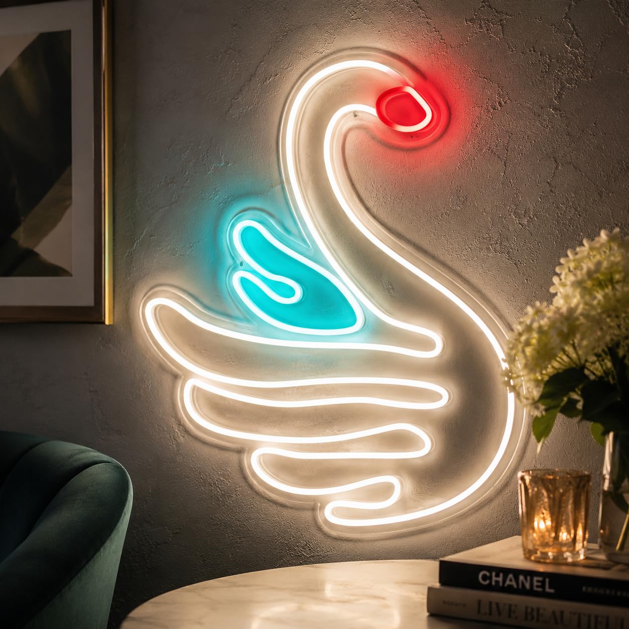Letrero Cisne Blanco Cartel Luminoso LED Escaparate, Decoración de Pared en Metacrilato, Luz Brillante, aproximadamente 50cm alimentación 12v