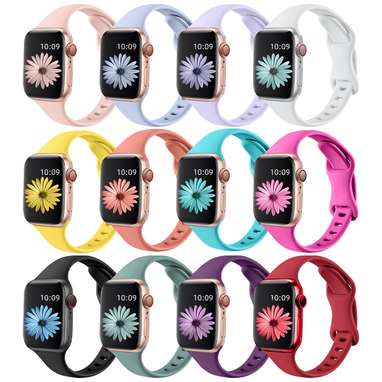 Lerobo 12 Pack Slim Thin Bands Compatible with Apple Watch 38mm 40mm 41mm 42mm 44mm 45mm 46mm 49mm Women Men, Narrow Soft Sport Strap Wristband for