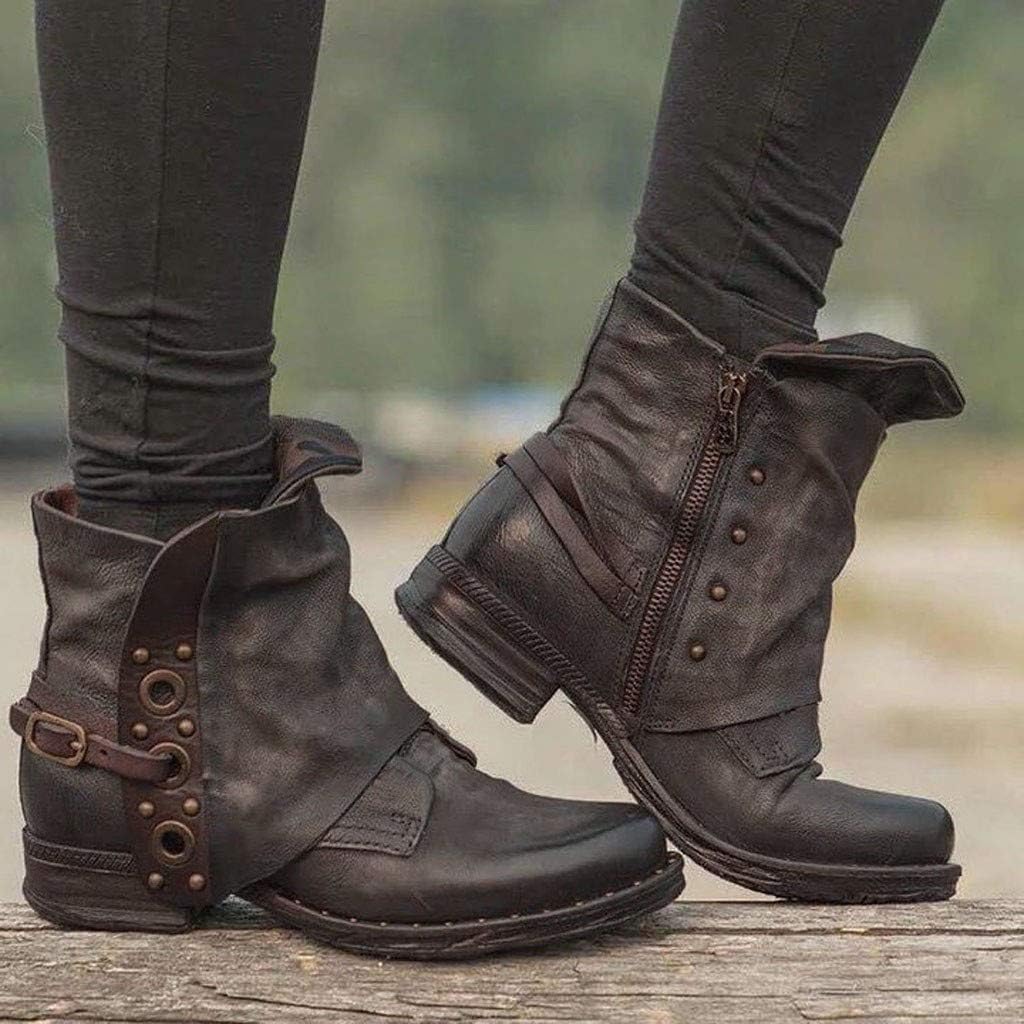 ZBYY Women's Buckle Ankle Boots,Winter PU Leather Combat Ankle Boots Toe Side Zipper Buckle Block Low Heel Casual Shoes