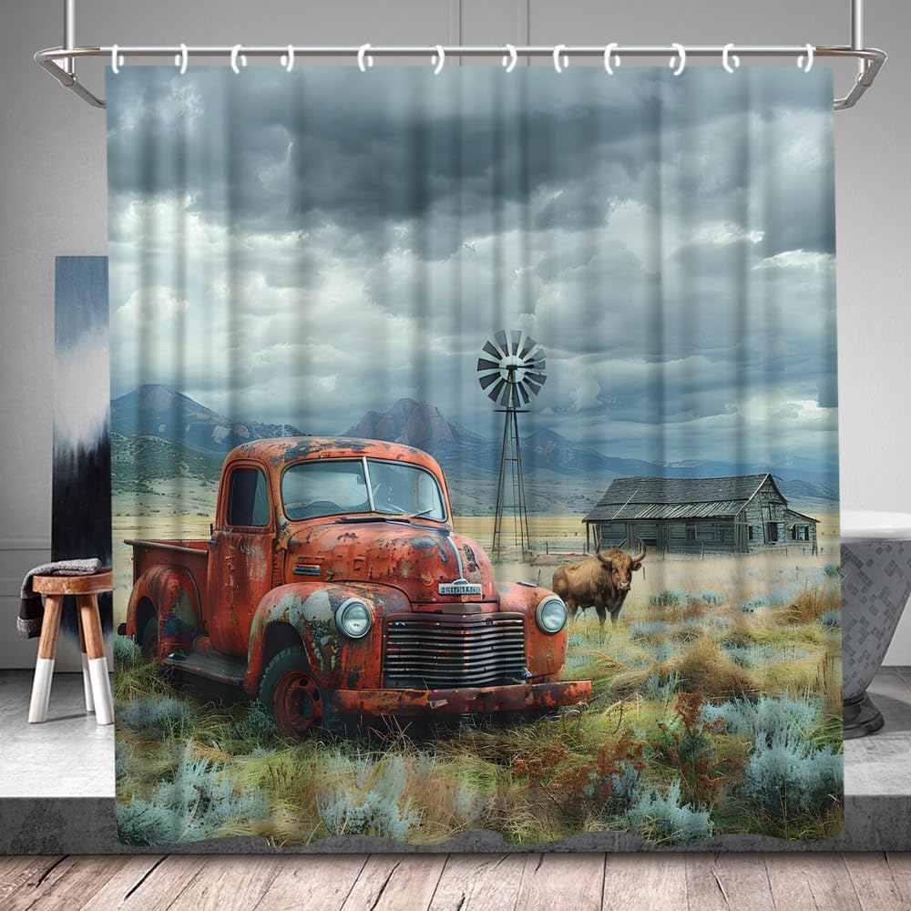 Vintage Farm Truck Shower Curtain Western Rustic Barn Old Antique Car Farmhouse Country Windmill Highland Cattle Retro Bathroom Curtains Set with Hooks 108Wx70H Inch