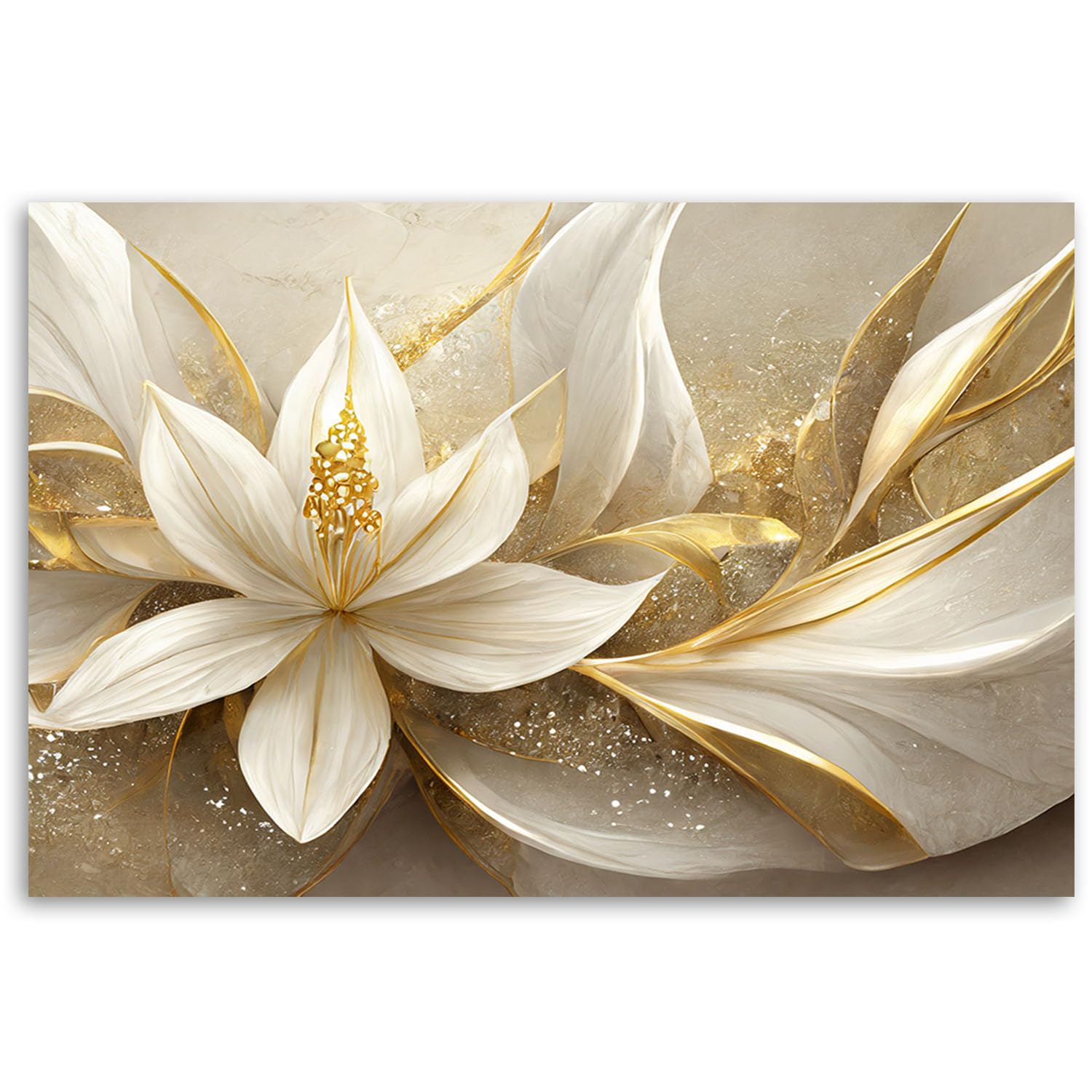Feeby Viles - Leinwand Bilder - Gold Glamour Blumen - 120x80 cm - Deko Wohnzimmer - Wandbilder Schlafzimmer - Deko Aesthetic - Wand Deko - Leinwand Groß - Deko Zimmer - Leinwandbilder XXL