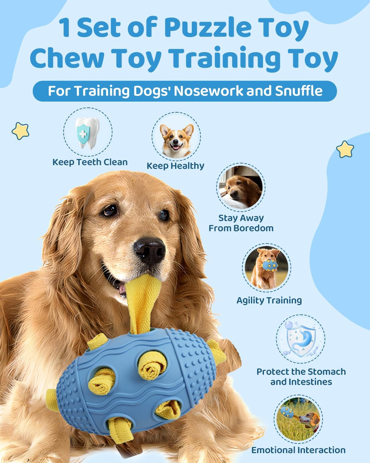 Interactive Dog Toy with Natural Rubber Soccer Design, Dental Care, Pet Energy Relief Brain Teaser Toy, Activity Training Foraging Toy, Mentally Stimulating Slow Feeder Dog Treat Dispenser Blue