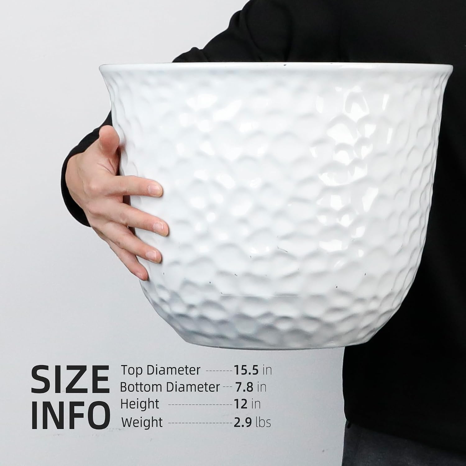 Worth Garden 2-Pack 15.5" Dia Planter - 11.8" H Large Round Glossy White Plant Pots with Drain Hole - Lightweight Decorative Plastic Flower Pots for Indoor Outdoor Use, Front Porch, Home, Yard, Deck