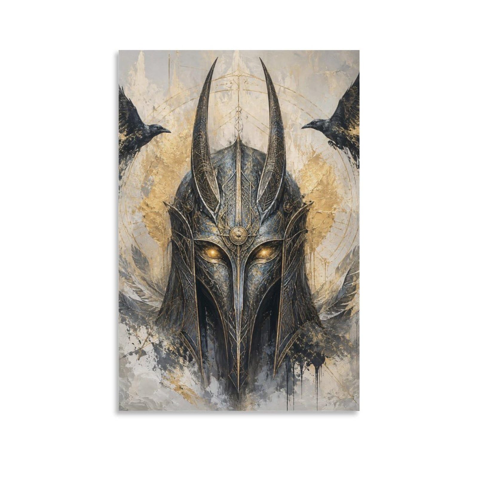 H3B8U2Y5 Viking Helmet Twin Ravens Canvas Wall Art, Dark Nordic Fantasy