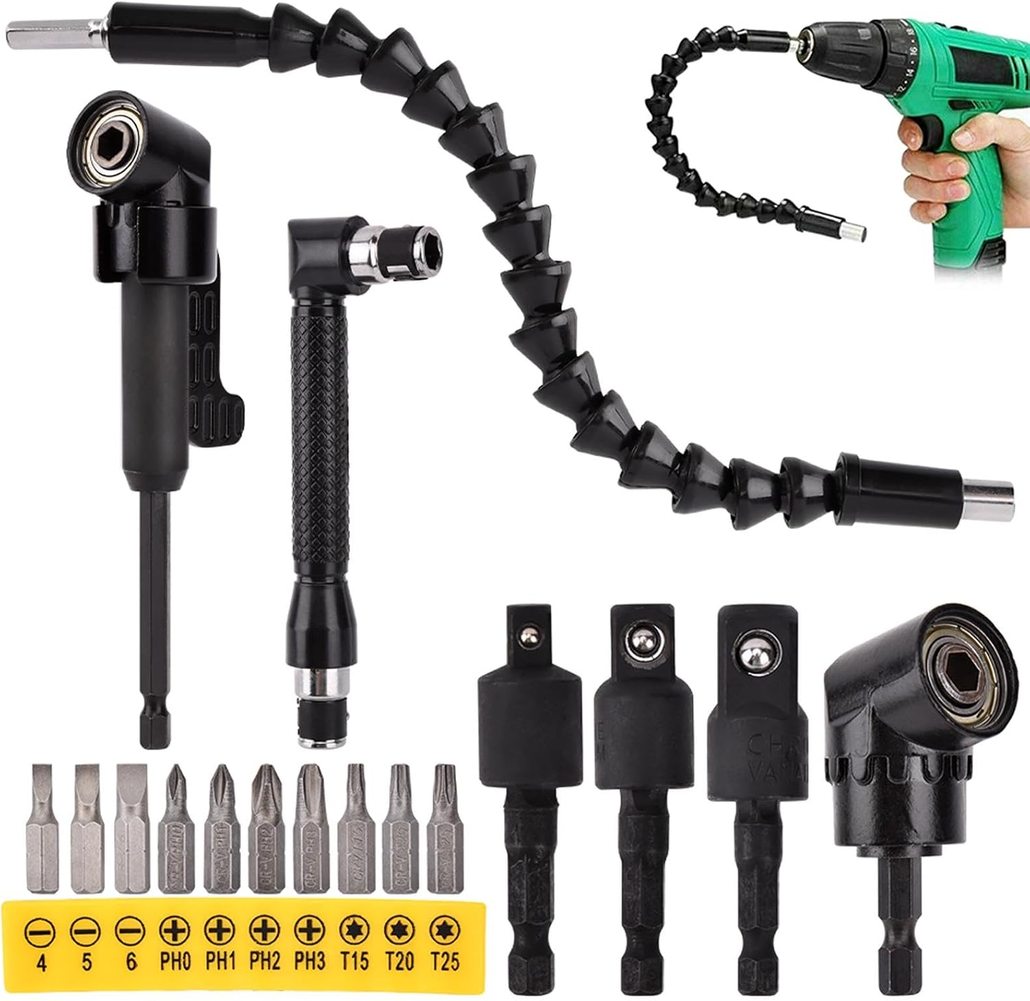 17Pcs Flexible Drill Bit Extension, with 3pcs Rotatable Socket Adapter, 2Pcs Hex Shank 105° Right Angle Drill Attachment, 10pcs Short Screwdriver Bit, 90° Angled Bits and Bendable Drill Bit Extension