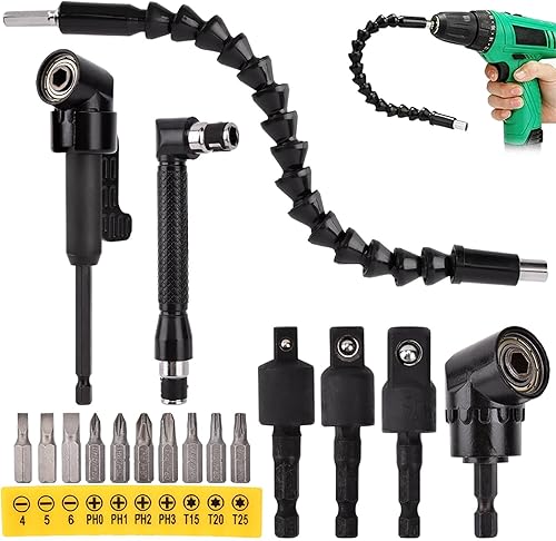 17 extensiones de broca flexible, con 3 adaptadores de enchufe giratorios, 2 accesorios de taladro hexagonal de 105° en ángulo recto, 10 puntas de