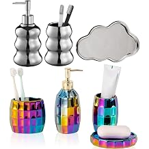 7 PCS Ceramic Bathroom Accessory Set, Colorful Gold Mosaic & Modern Silver Dual-Style Bathroom Counter Organizer