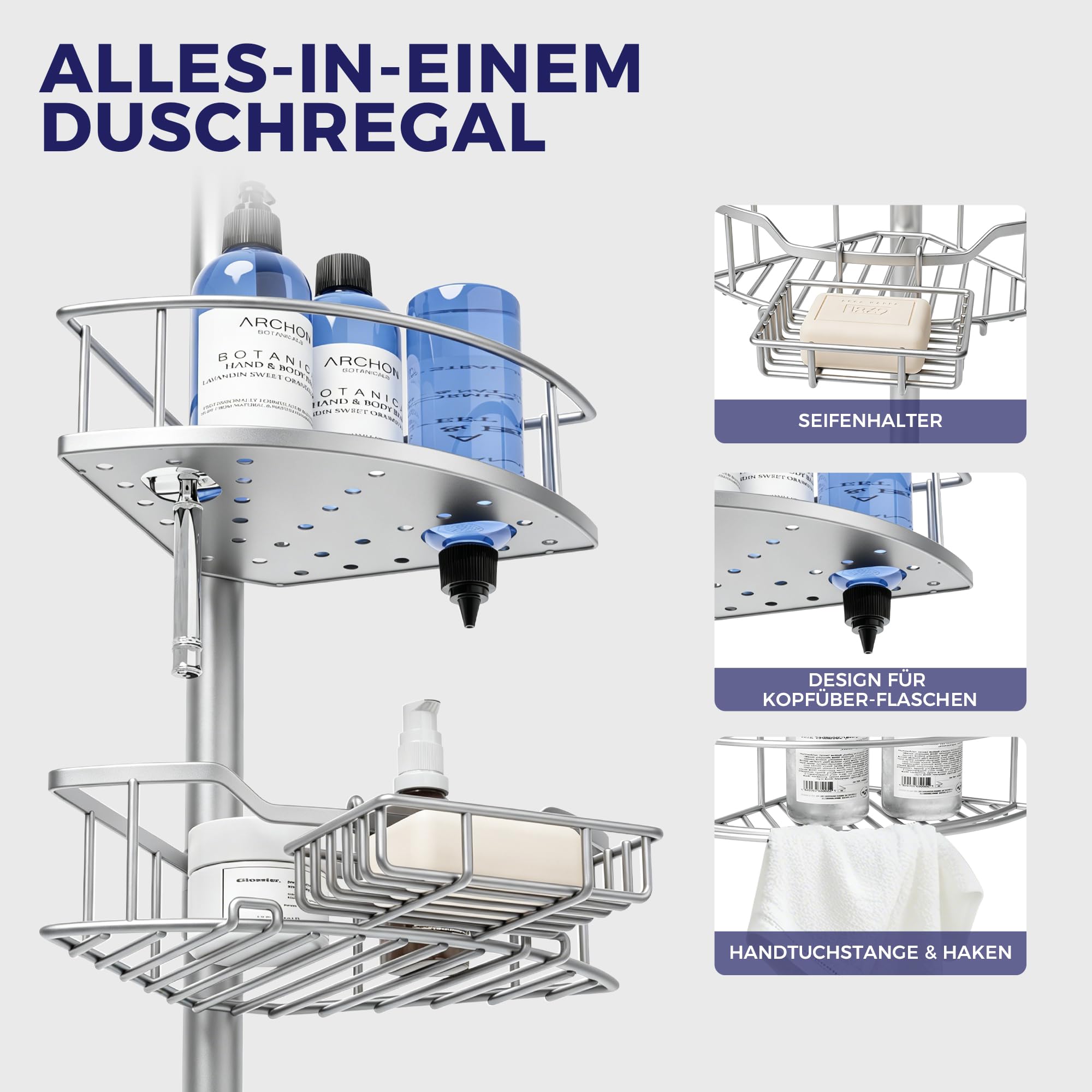 Purejoy Teleskop Duschregal ohne Bohren Silbergrau, höhenverstellbares Eckregal für Dusche & Badezimmer, rostfreie Duschablage mit 4 Körben (Silbergrau, 81–312 cm, Dreieckig)