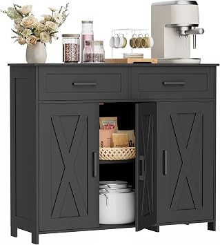 Homhedy Coffee Bar Storage Cabinet with Drawers, Kitchen Buffet Cabinet | Sideboard Cabinet with Doors, Farmhouse Buffet Cabinet, Adjustable Shelves, for Kitchen / Dining / Living Room, Black