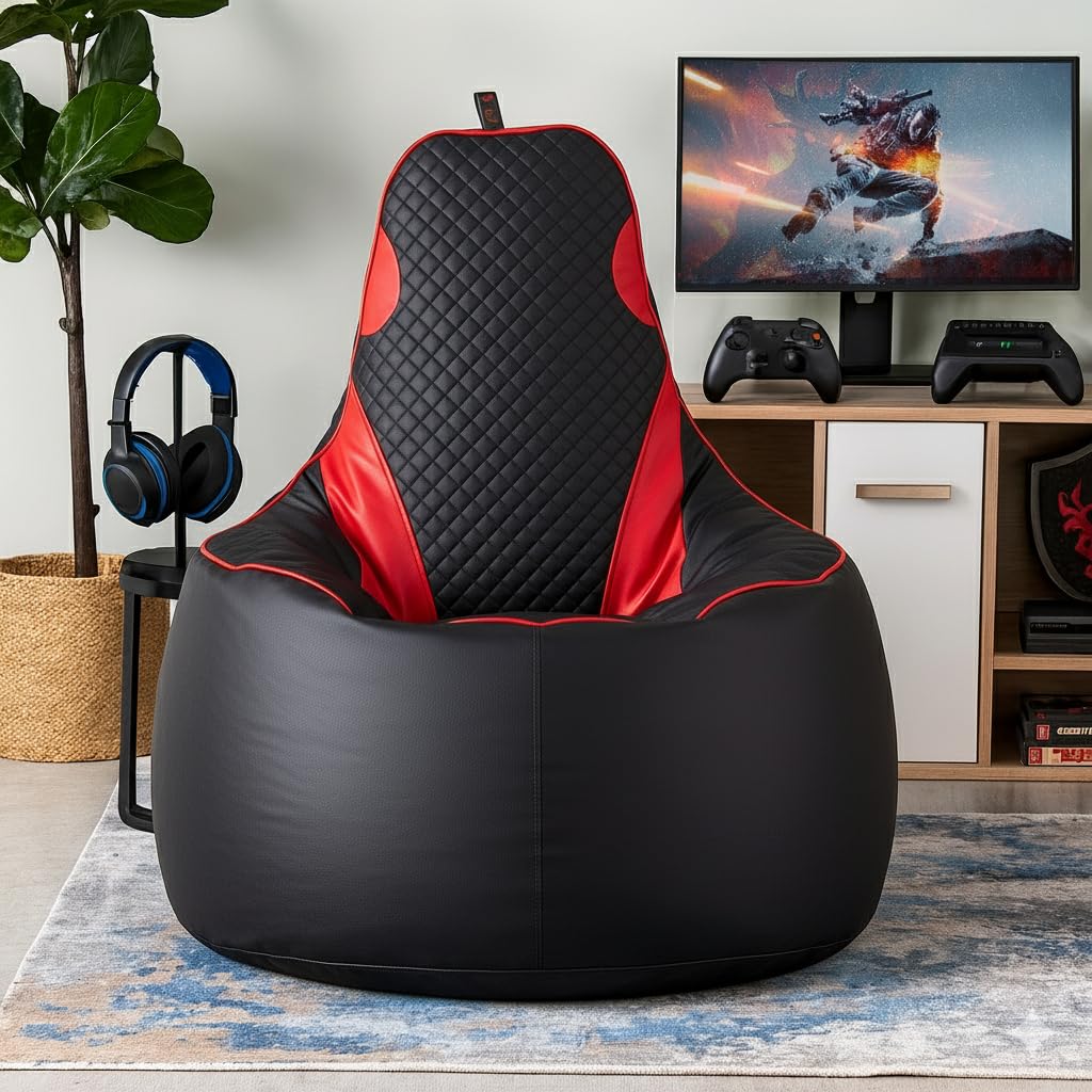 Amazon Brand - Solimo Premium Faux Leather Gaming Chair Bean Bag, Filled with Beans | Capacity: Upto 6 Ft 3 in Height, 120 Kg Weight | Black Red
