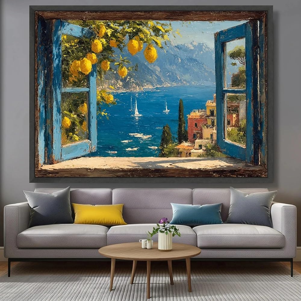 SDVIB View Of The Mediterranean Sea, Open Blue Window Canvas, Lemon Tree Wall Art, Coastal Village Landscape, Canvas Prints(50x70cm/Frameless)