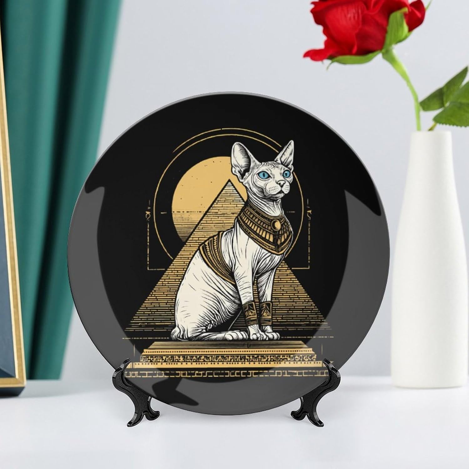 Ancient Egypt Sphynx Cat Novelty Decorative Plate with Display Stand Ceramic Ornament Hanging Wall Decor
