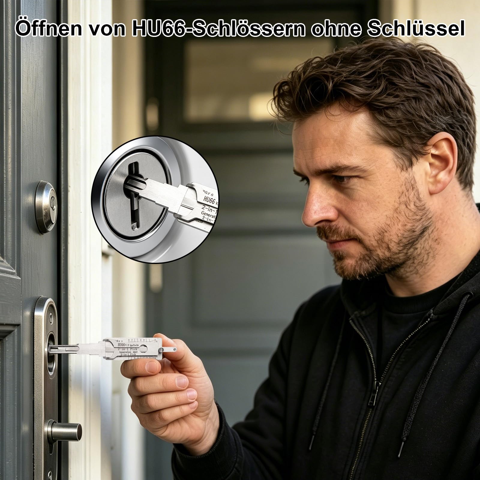 HU66 2-in-1 Lock Pick – Lishi Decoder aus Edelstahl für Auto-Schließzylinder, Lockpicking Set mit Drehwerkzeug, 11,3×2,2 cm, für Schlüsseldienst & Notöffnung