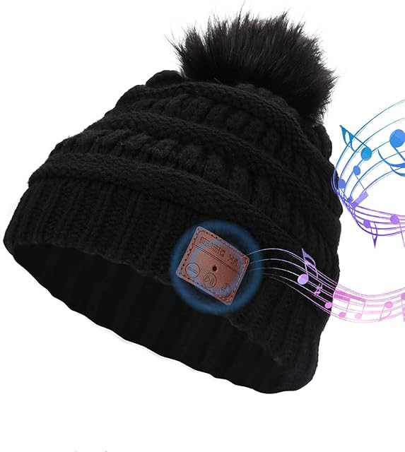 LINGSFIRE Bluetooth Beanie Hat, Womens Warm Winter Knitted Wireless Beanie Detachable Headset with Bobble PomPom, Bluetooth Cap Washable Suitable for Outdoor Sports Running Skiing Skating Cycling