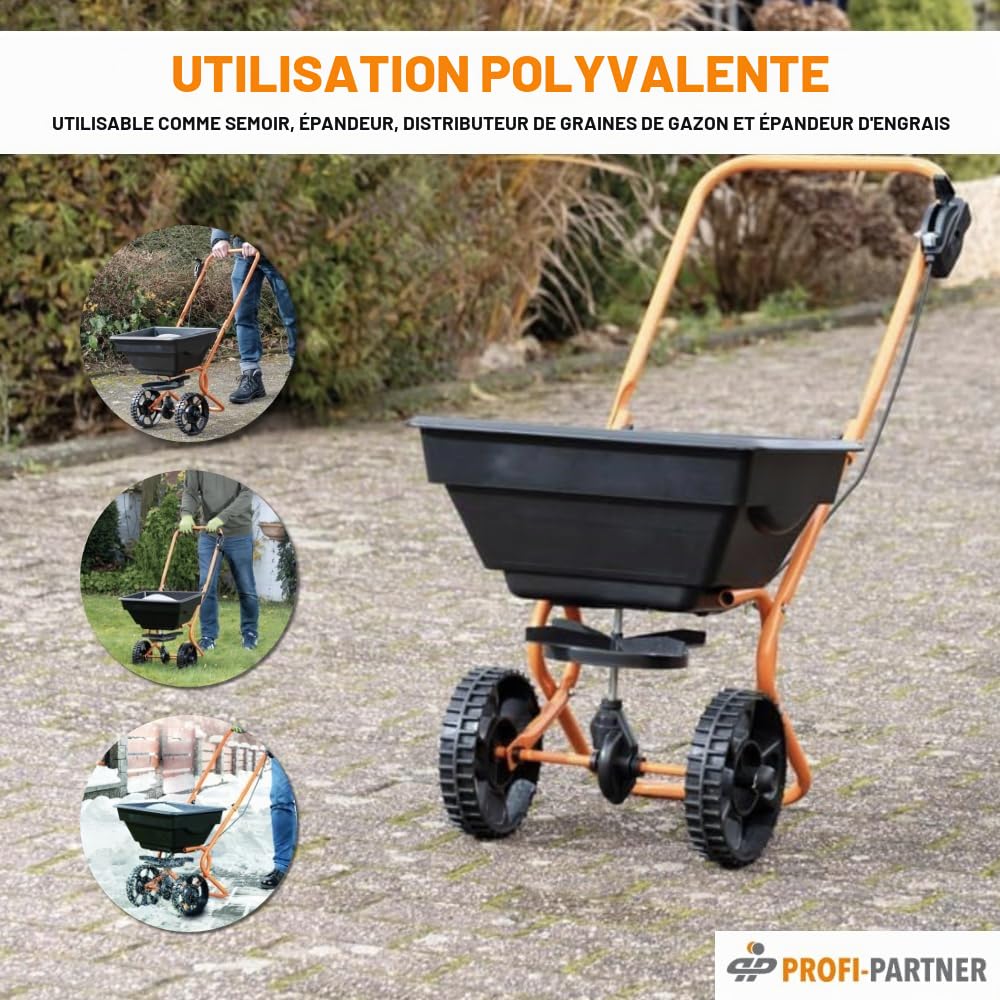 Chariot à semences, épandeur de graines de pelouse et chariot d'engrais, saupoudrer et semer uniformément le sel, l'engrais et les graines de pelouse | Dosage en 10 étapes