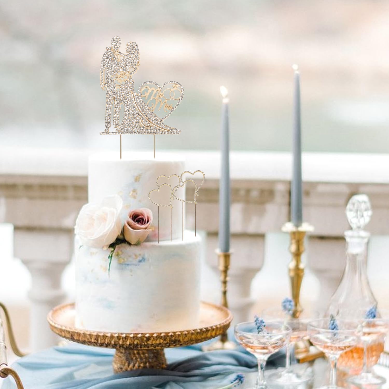KAIAIWLUO Décoration de gâteau en cristal à double cœur, décoration de gâteau d'anniversaire délicate avec strass étincelants pour mariage, Saint-Valentin, anniversaires de mariage, décorations de