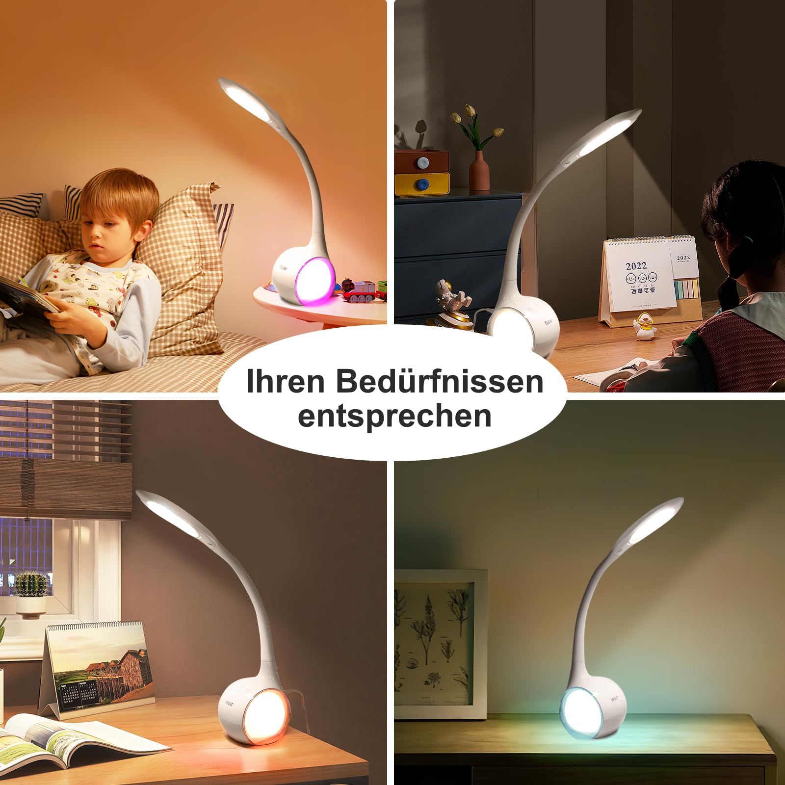 WILIT T3 Lampada da Scrivania Bambini, Lampada da Tavolo LED Regolabile con Luce Notturna Multicolore RGB, 3 Livelli di Luminosità, Lampada da Lettura con Controllo Tattile, Bianca
