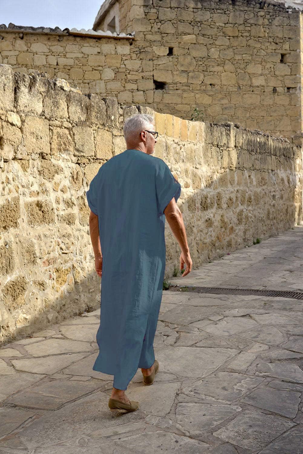 COOFANDY Men's V-Neck Linen Robe Short Sleeve Kaftan Thobe Long Gown Casual Shirt for Beach, Summer