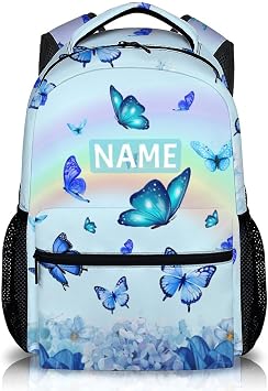 Girls Backpack for School, Personalized Butterfly Backpacks for Kids Teens, Blue Large Capacity Custom Bookbag for Travel Casual