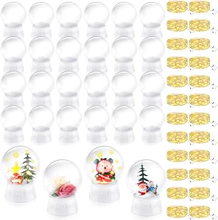 Lenwen 24 Set DIY Snow Globe Christmas LED Kit Including 4 Inch Plastic Clear Snow Globe with Screw Off Cap and 19.7 Inch 10 LED String Lights for Xmas DIY Crafts Decoration