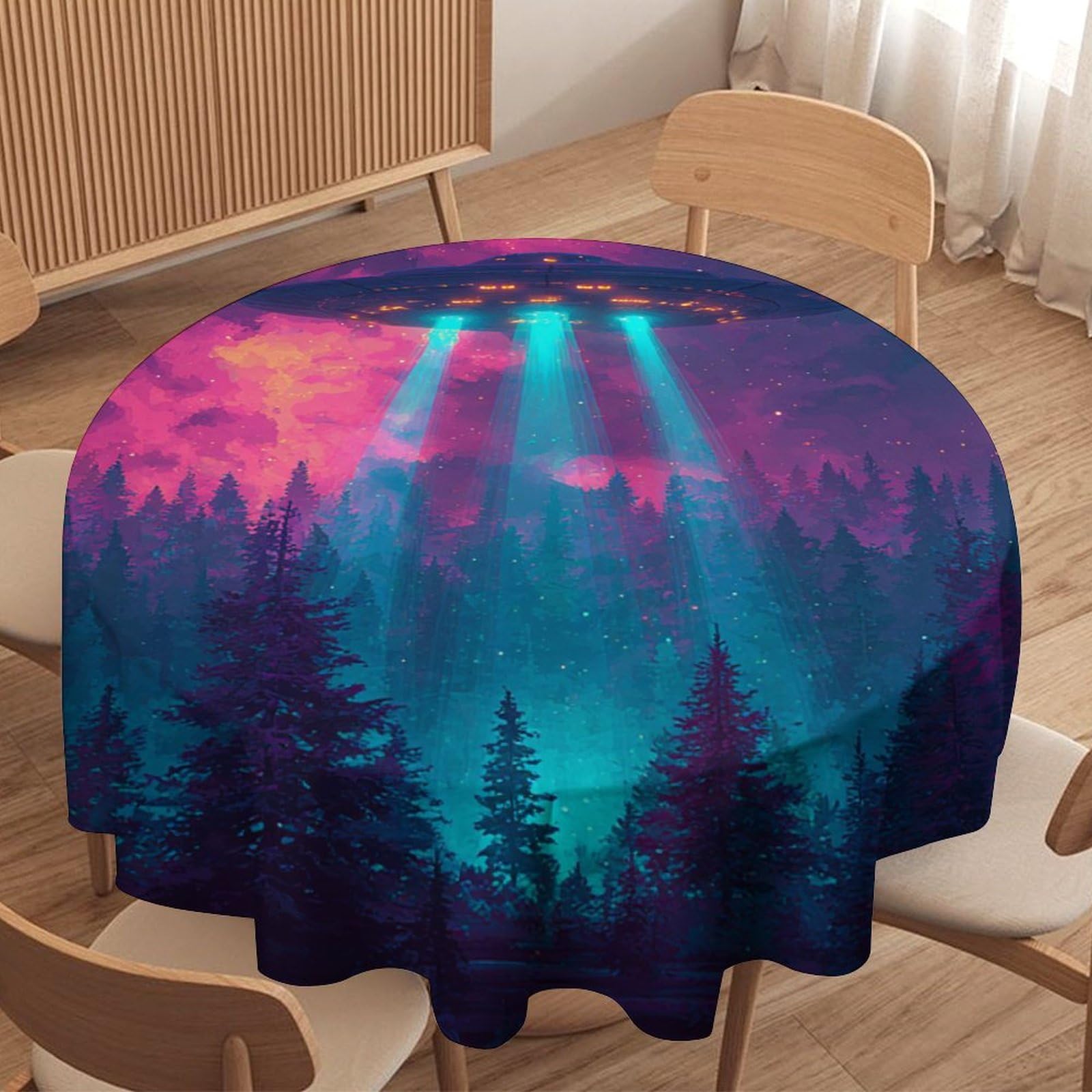 LUYYSKY Vintage Cool Funny Spaceship Round Tablecloth Vintage Watercolor Starry Sky Galaxy Pine Forest UFO Washable Decor for Table Cover for Kitchen-177.8" Wx177.8 L cm