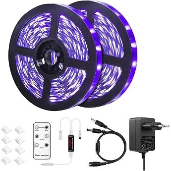 10 m UV LED Black Light LED Strip Set with Remote Control 600 LEDs 395 nm 12 V/3 A Flexible Black Light Fixings for Fluorescent Dance Parties Halloween Party Stage Lighting 16.5 ft x 2 Pack [Energy Class F]