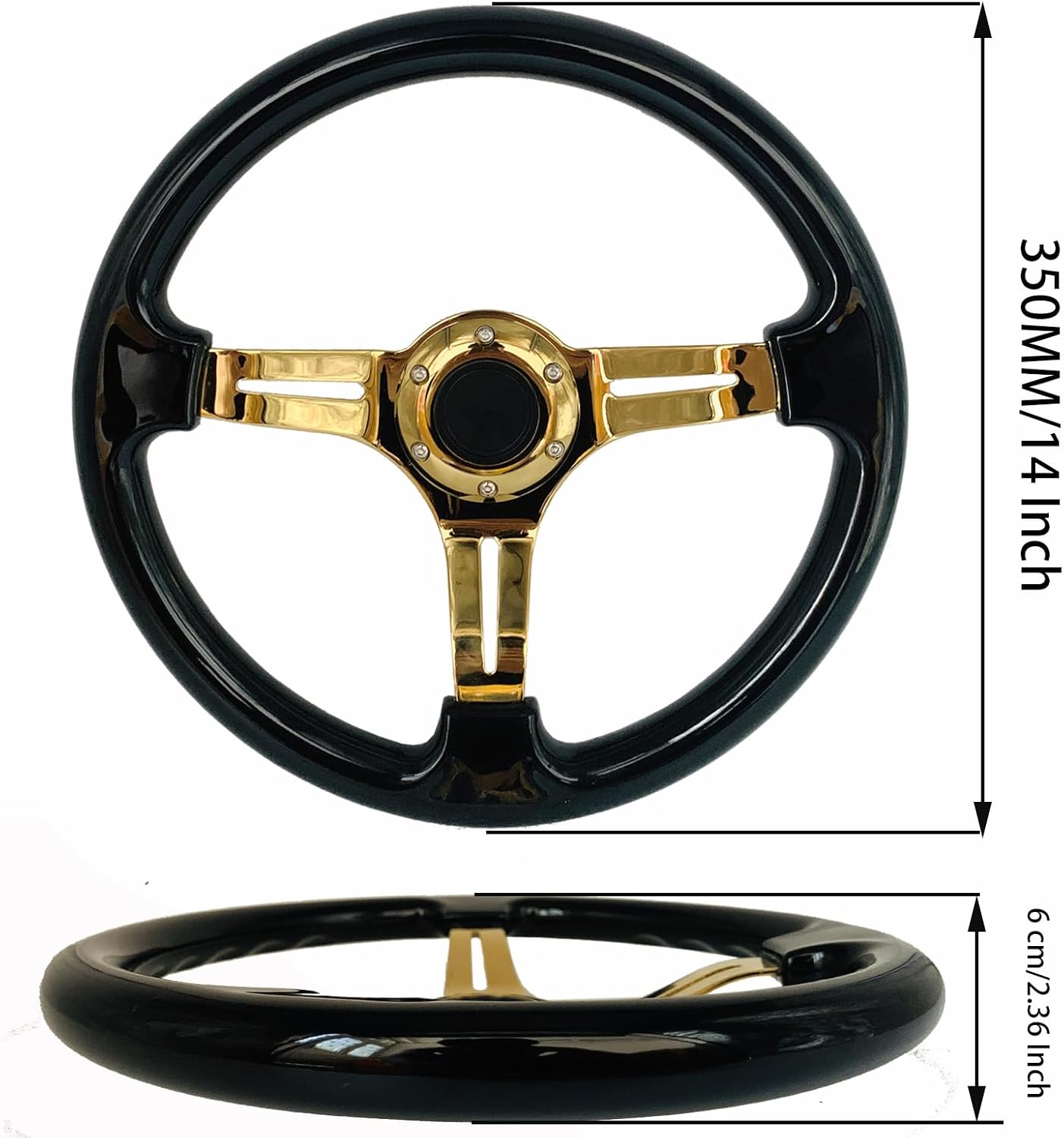 350mm Black Grip Racing Sport Steering Wheel Gold Spokes Universal Drifting ABS Wood Steering Wheel with Horn Button