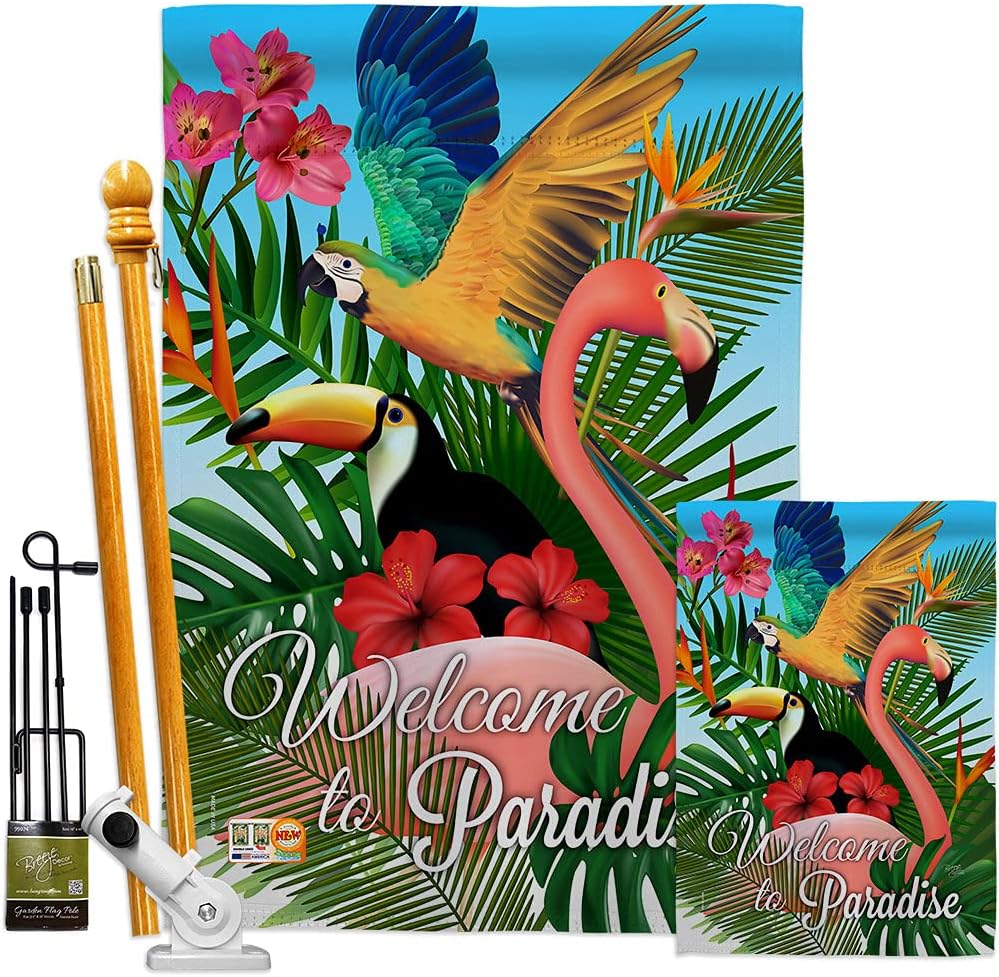 Tropical Bird Paradise House Flag Summertime Ocean Beach Seashells Pineapple Outdoor Summer Aloha Small Decorative Gift Yard Banner Made In USA 28 X 40